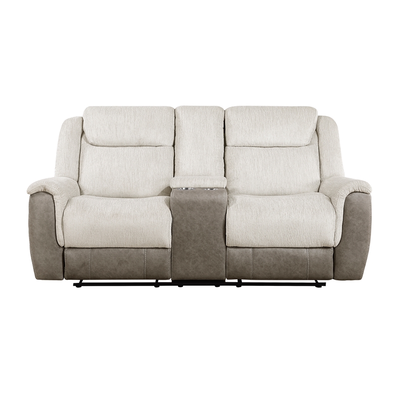Pemberly Row Chenille & Microfiber Dual Reclining Loveseat with Console in Beige