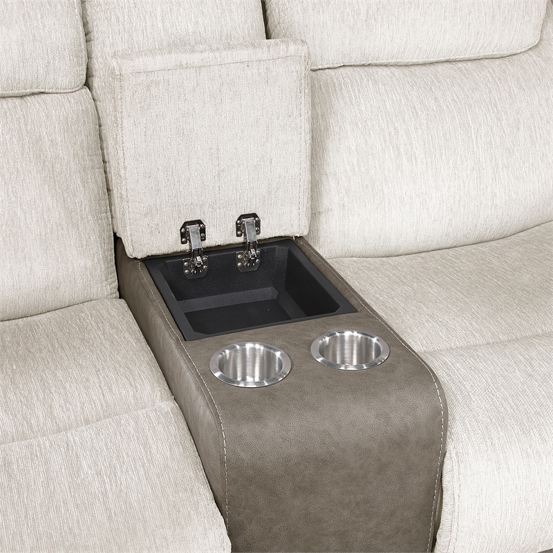 Pemberly Row Chenille & Microfiber Dual Reclining Loveseat with Console in Beige