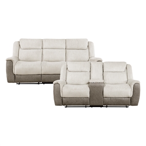 Pemberly Row Chenille & Microfiber Dual Reclining Loveseat with Console in Beige
