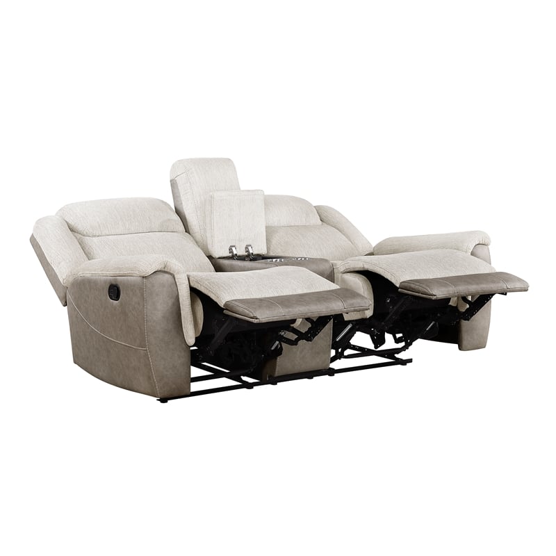 Pemberly Row Chenille and Microfiber Dual Reclining Sofa 300 lbs in Beige