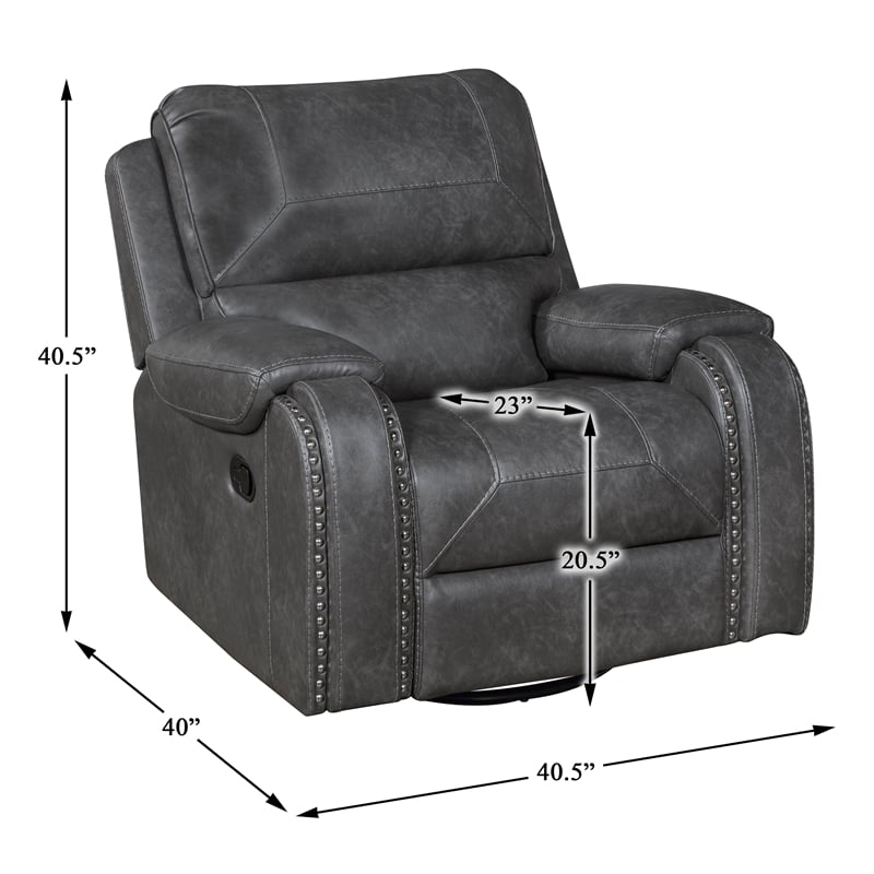 Pemberly Row Faux Leather Swivel Glider Recliner with Nailhead 300 lbs in Gray