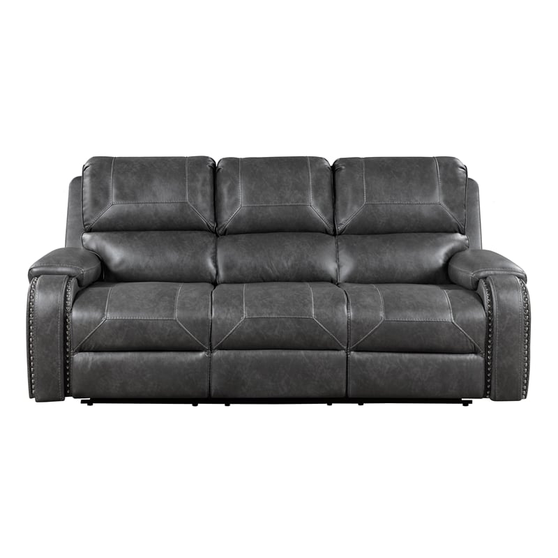 Pemberly Row Faux Leather Dual Reclining Sofa with Drop-Down Console USB in Gray