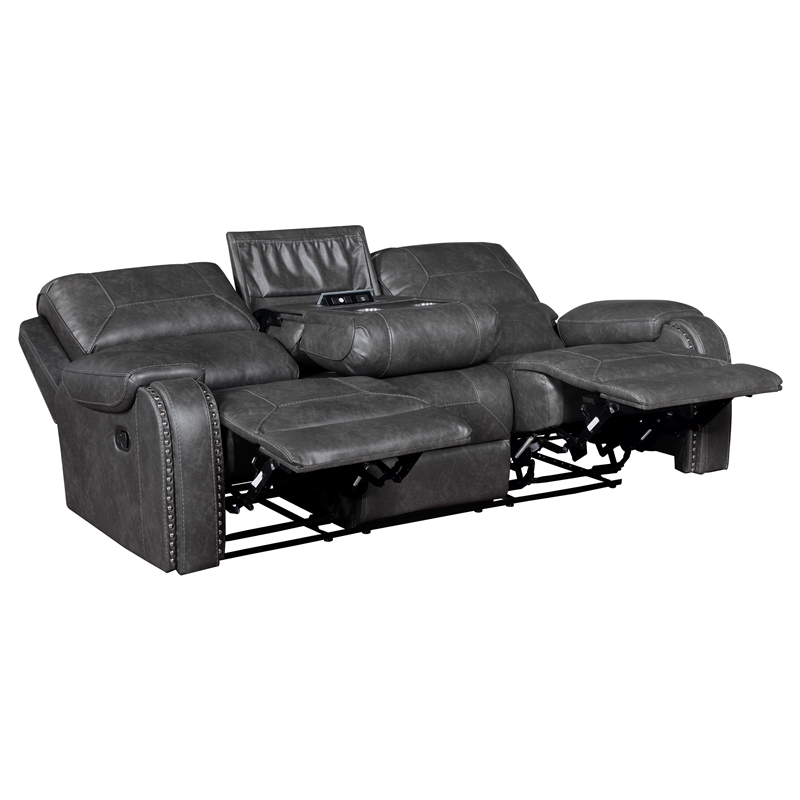 Pemberly Row Faux Leather Dual Reclining Sofa with Drop-Down Console USB in Gray