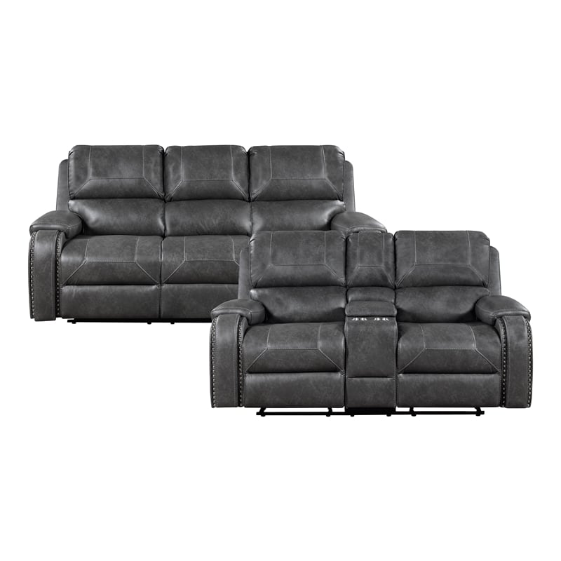 Pemberly Row Faux Leather 2-Piece Reclining Sofa & Loveseat Set with USB in Gray