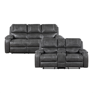 Pemberly Row Faux Leather 2-Piece Reclining Sofa & Loveseat Set with USB in Gray