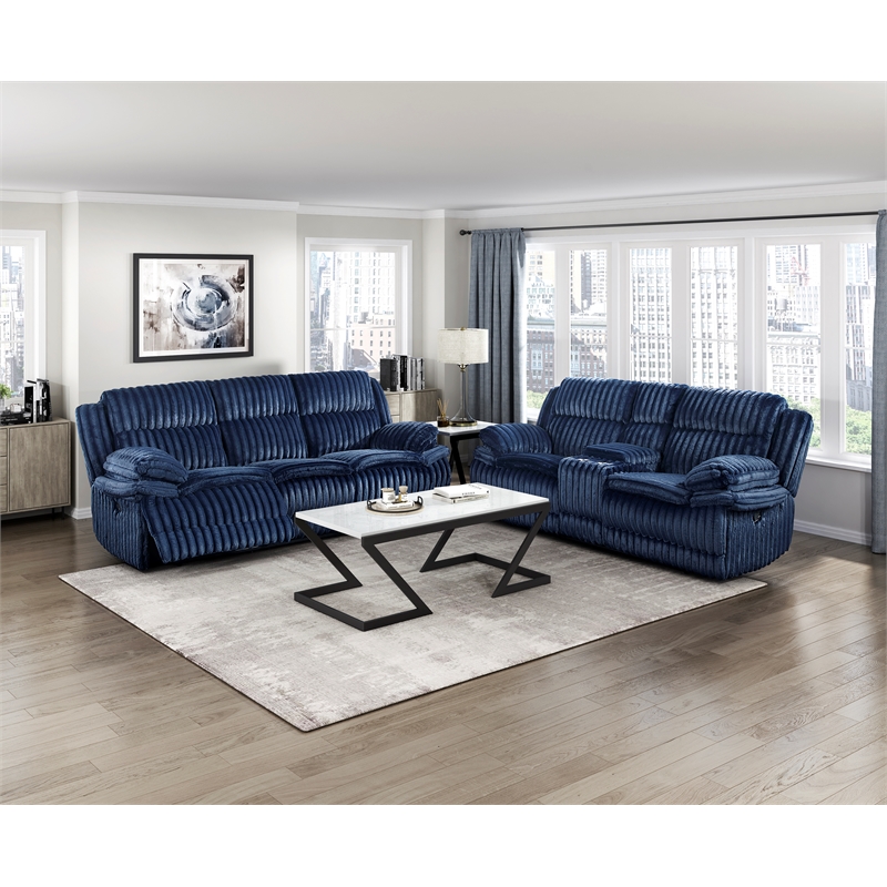 Pemberly Row Corduroy Dual Reclining Loveseat with Console 300 lbs in Blue