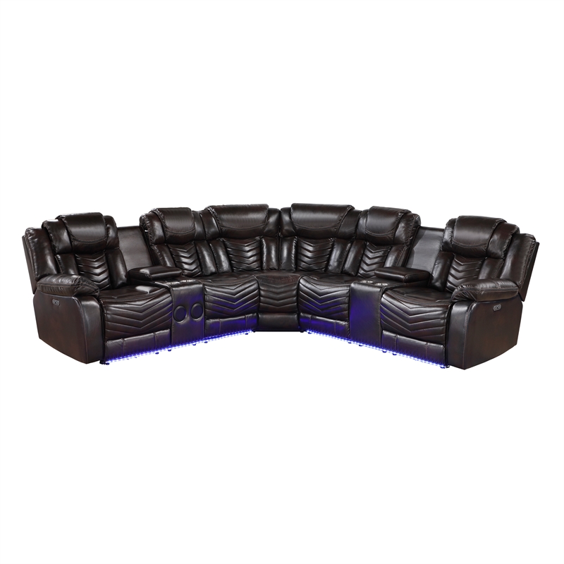 Pemberly Row Faux Leather Dark Brown 3-Piece Power Reclining Sectional with LED