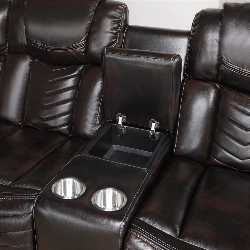 Pemberly Row Faux Leather Dark Brown 3-Piece Power Reclining Sectional with LED