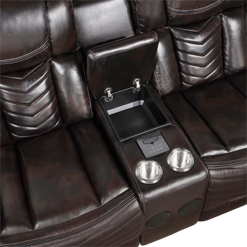 Pemberly Row Faux Leather Dark Brown 3-Piece Power Reclining Sectional with LED