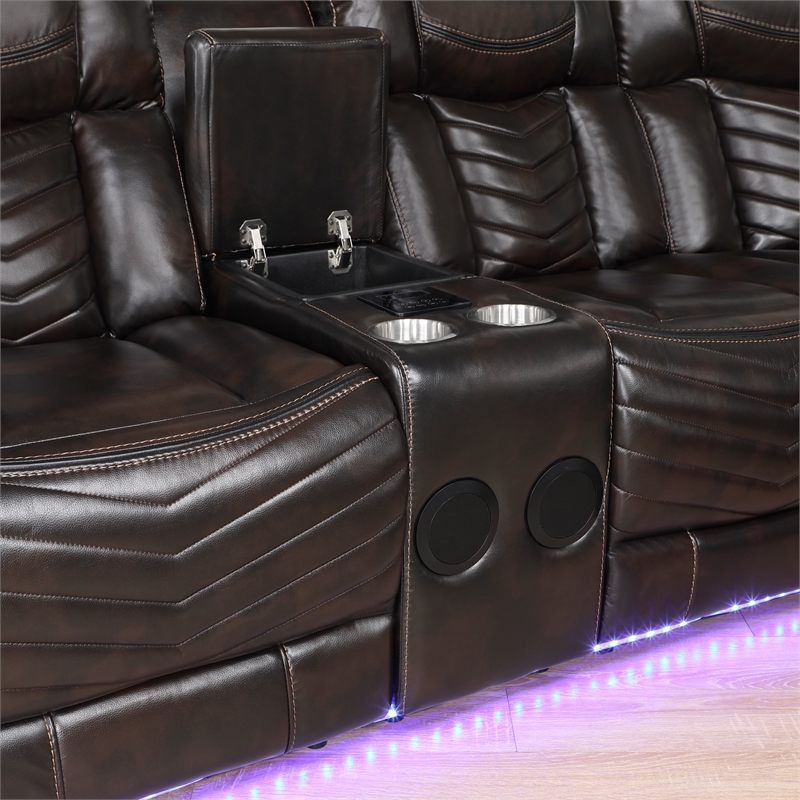 Pemberly Row Faux Leather Dark Brown 3-Piece Power Reclining Sectional with LED