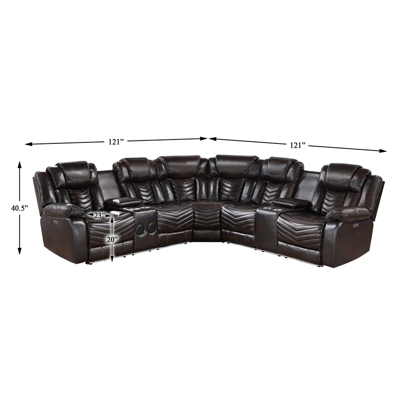 Pemberly Row Faux Leather Dark Brown 3-Piece Power Reclining Sectional with LED