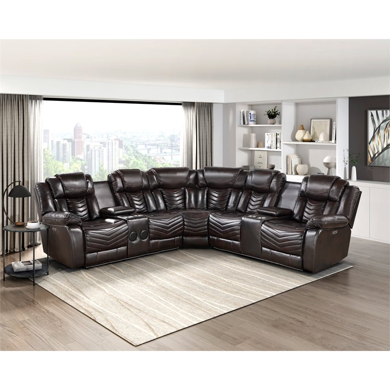 Pemberly Row Faux Leather Dark Brown 3-Piece Power Reclining Sectional with LED