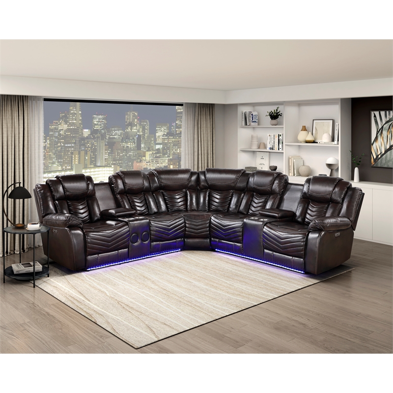 Pemberly Row Faux Leather Dark Brown 3-Piece Power Reclining Sectional with LED