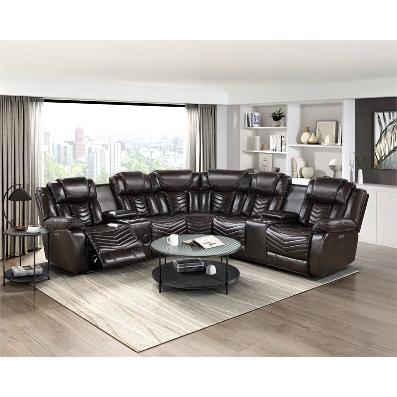 Pemberly Row Faux Leather Dark Brown 3-Piece Power Reclining Sectional with LED