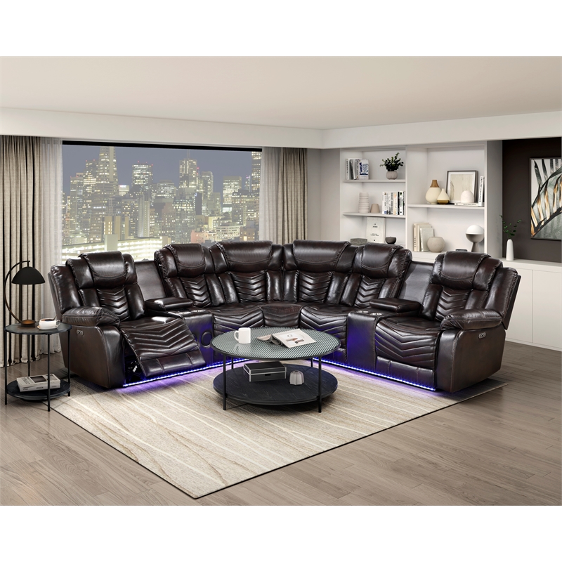 Pemberly Row Faux Leather Dark Brown 3-Piece Power Reclining Sectional with LED