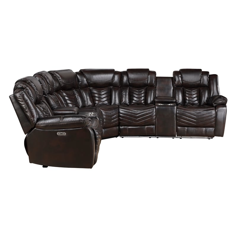 Pemberly Row Faux Leather Dark Brown 3-Piece Power Reclining Sectional with LED