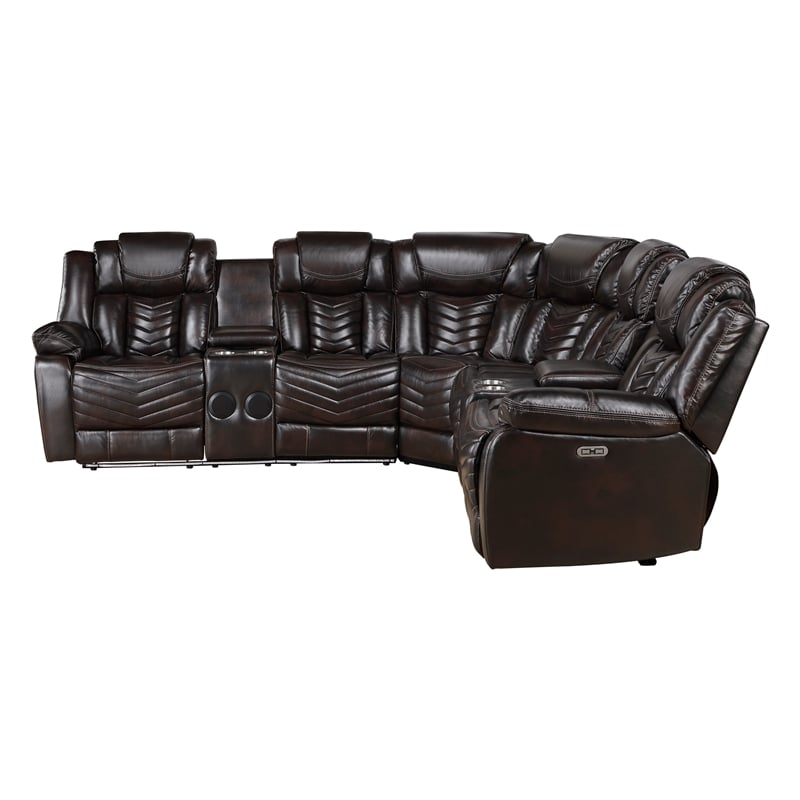 Pemberly Row Faux Leather Dark Brown 3-Piece Power Reclining Sectional with LED