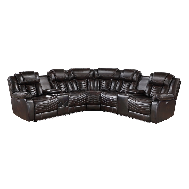 Pemberly Row Faux Leather Dark Brown 3-Piece Power Reclining Sectional with LED