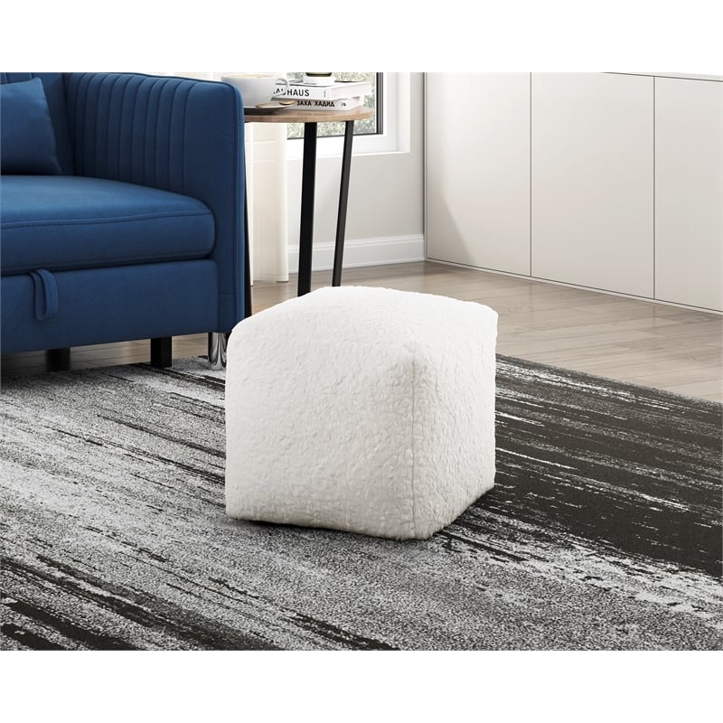 Pemberly Row Faux Fur Square Accent Pouf with Non-Slip Bottom in Off White