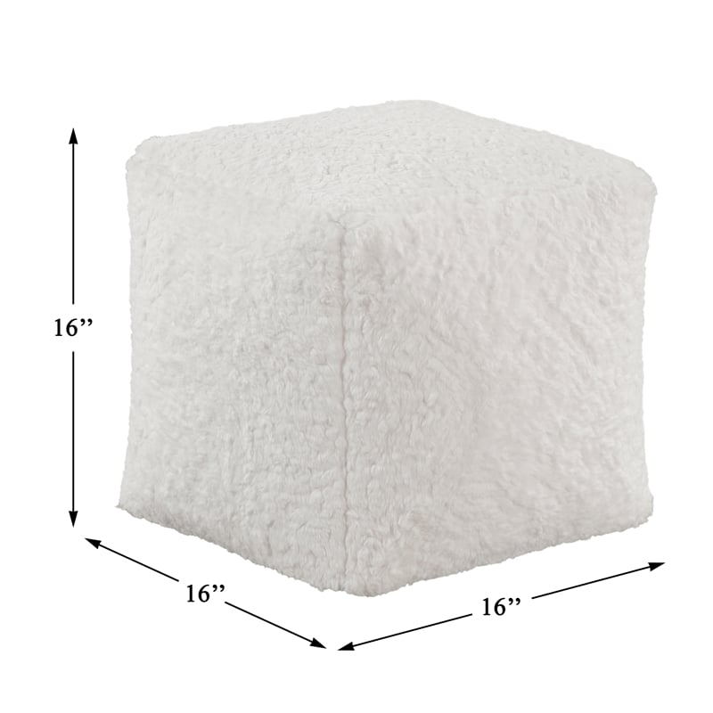 Pemberly Row Faux Fur Square Accent Pouf with Non-Slip Bottom in Off White