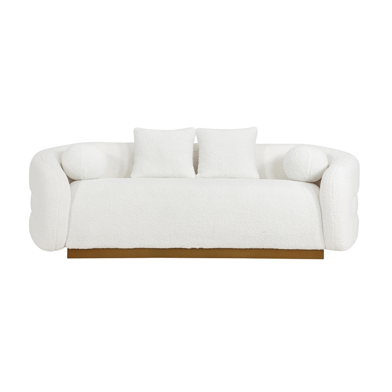 Pemberly Row Sherpa Fabric Sofa with Gold Finish Base and 4 Pillows in White