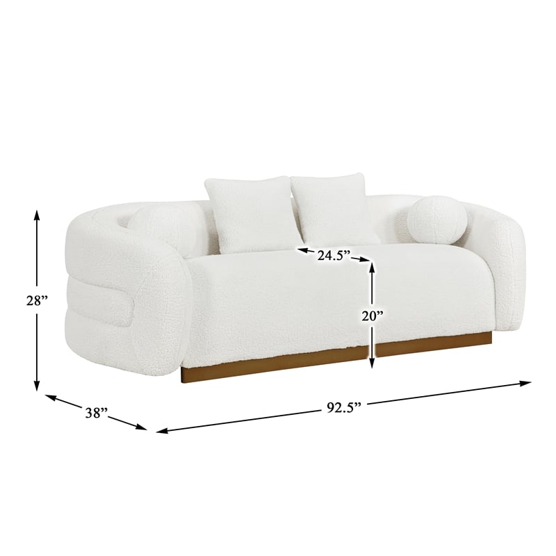 Pemberly Row Sherpa Fabric Sofa with Gold Finish Base and 4 Pillows in White