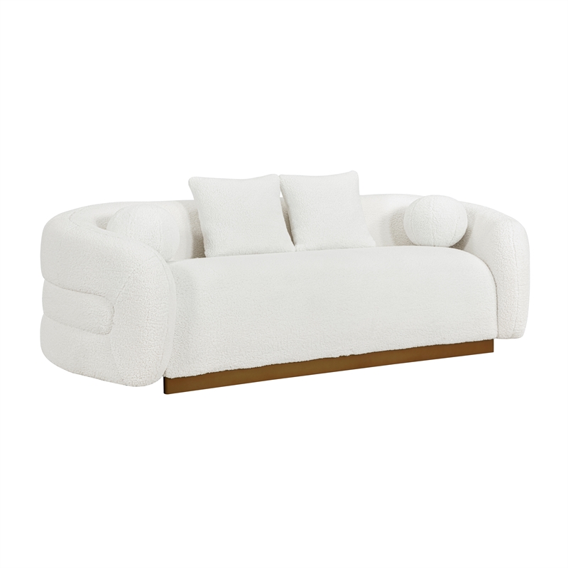 Pemberly Row Sherpa Fabric Sofa with Gold Finish Base and 4 Pillows in White