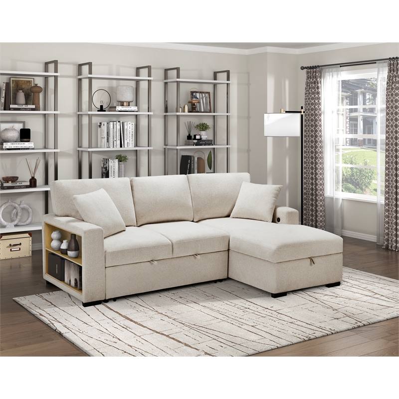Pemberly Row Boucle Sectional with Right Chaise Pull-Out Bed and USB in Beige
