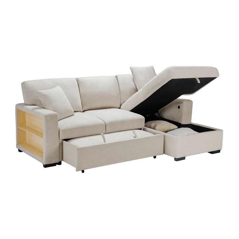 Pemberly Row Boucle Sectional with Right Chaise Pull-Out Bed and USB in Beige