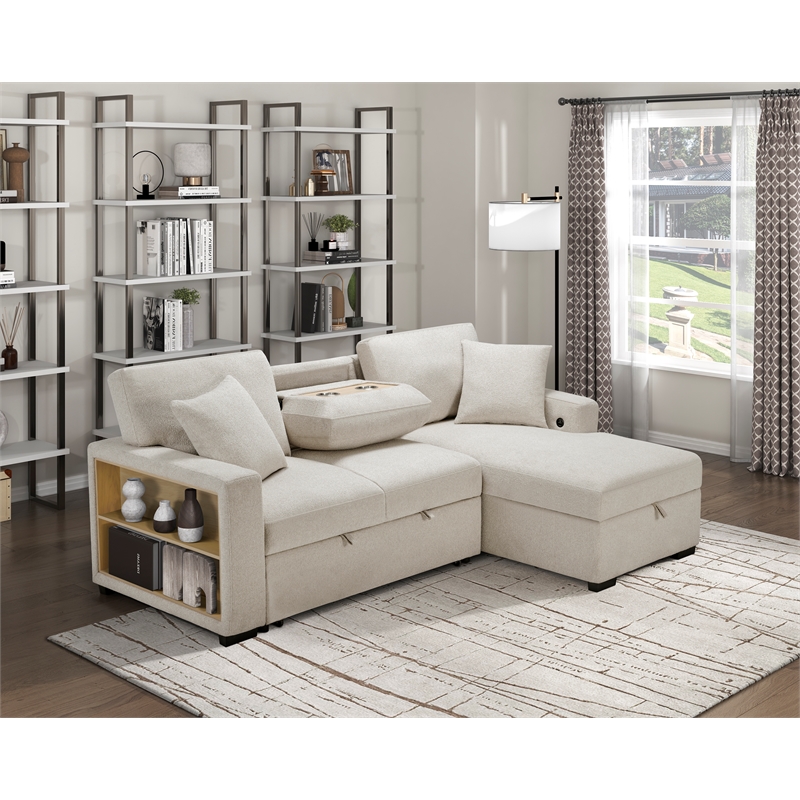 Pemberly Row Boucle Sectional with Right Chaise Pull-Out Bed and USB in Beige
