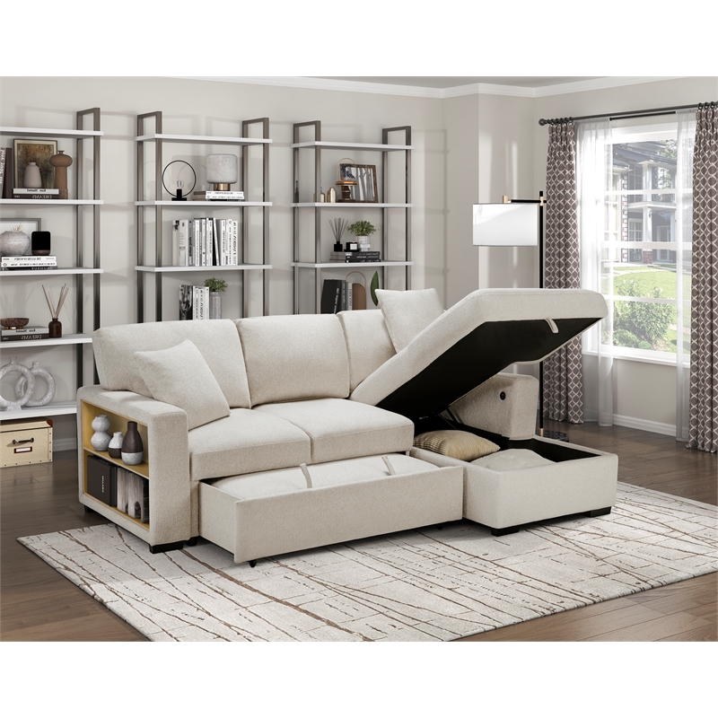 Pemberly Row Boucle Sectional with Right Chaise Pull-Out Bed and USB in Beige