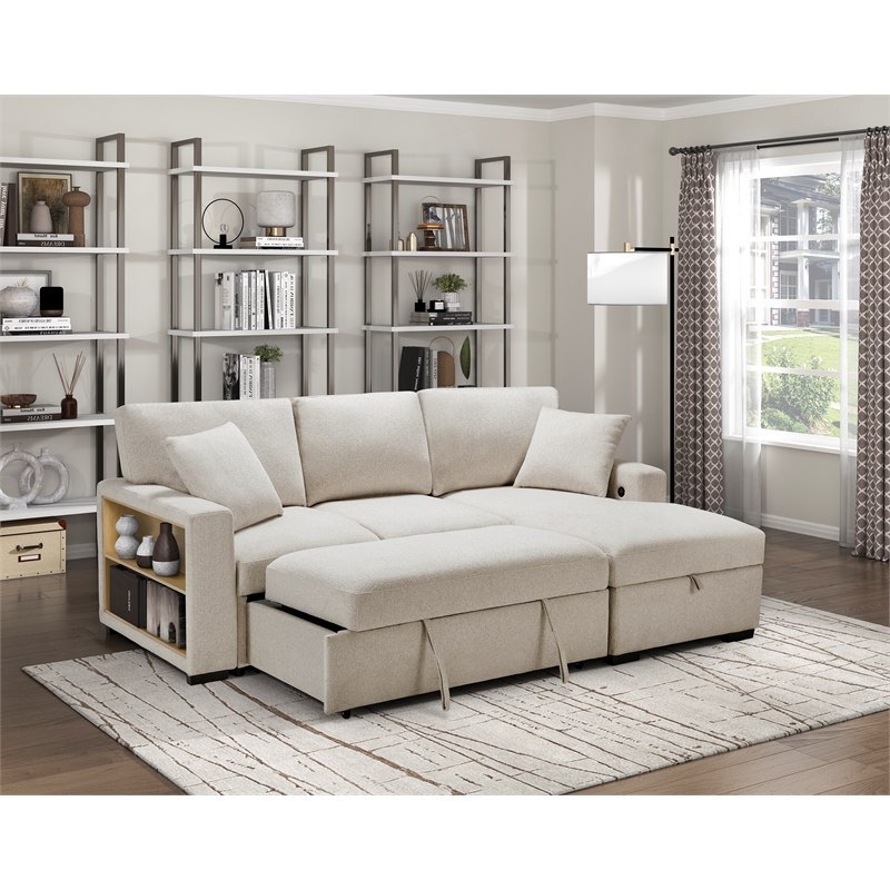 Pemberly Row Boucle Sectional with Right Chaise Pull-Out Bed and USB in Beige