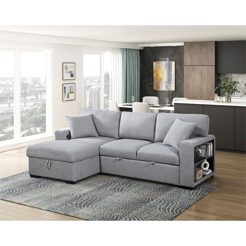 Pemberly Row Boucle Sectional with Left Chaise Pull-Out Bed and USB in Gray