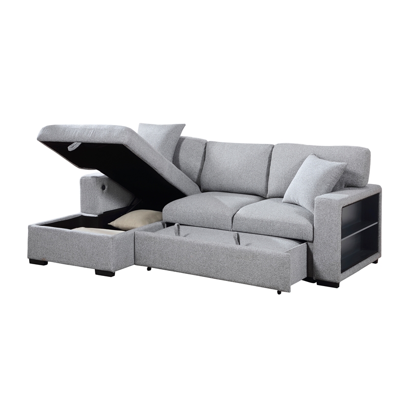 Pemberly Row Boucle Sectional with Left Chaise Pull-Out Bed and USB in Gray