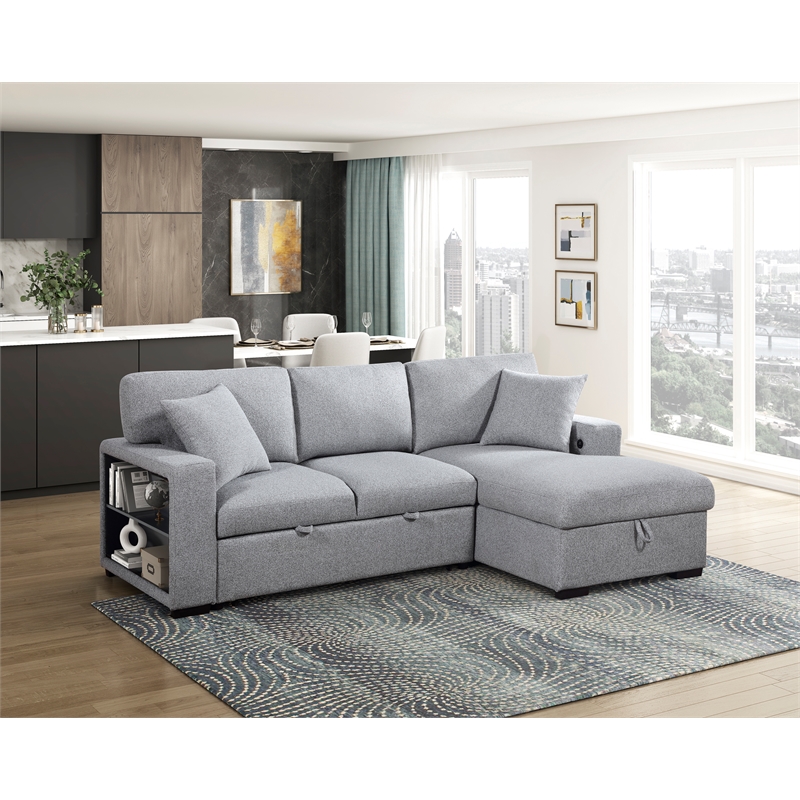 Pemberly Row Boucle Sectional with Right Chaise Pull-Out Bed and USB in Gray