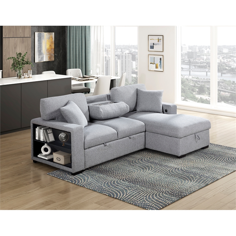Pemberly Row Boucle Sectional with Right Chaise Pull-Out Bed and USB in Gray