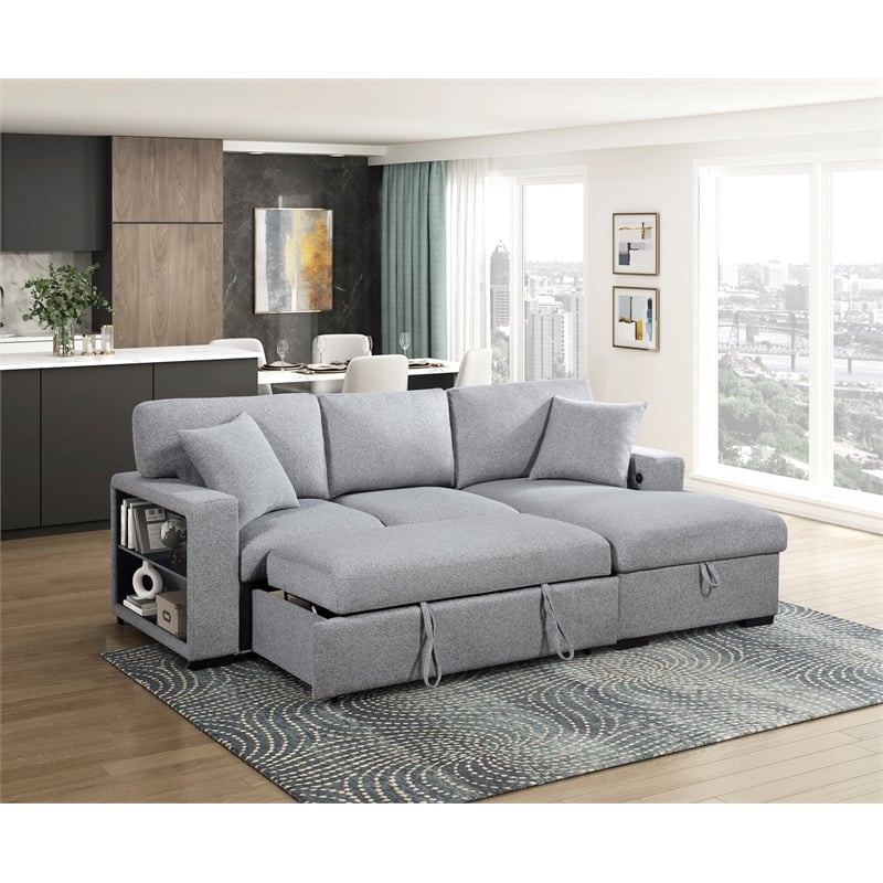 Pemberly Row Boucle Sectional with Right Chaise Pull-Out Bed and USB in Gray