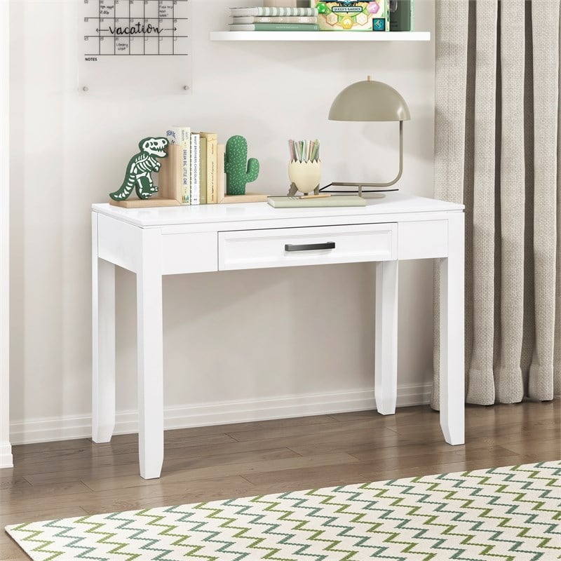 Pemberly Row Wood Writing Desk with Drawer and Bar Pull in White