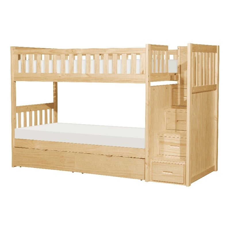 Pemberly Row Twin over Twin Step Bunk Bed with Storage Drawers in Natural Pine