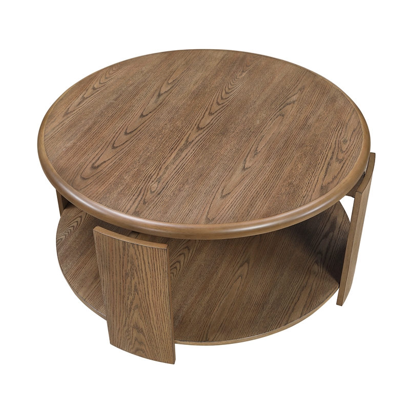 Pemberly Row Oak Veneer Round Swivel Coffee Table with Casters in Brown