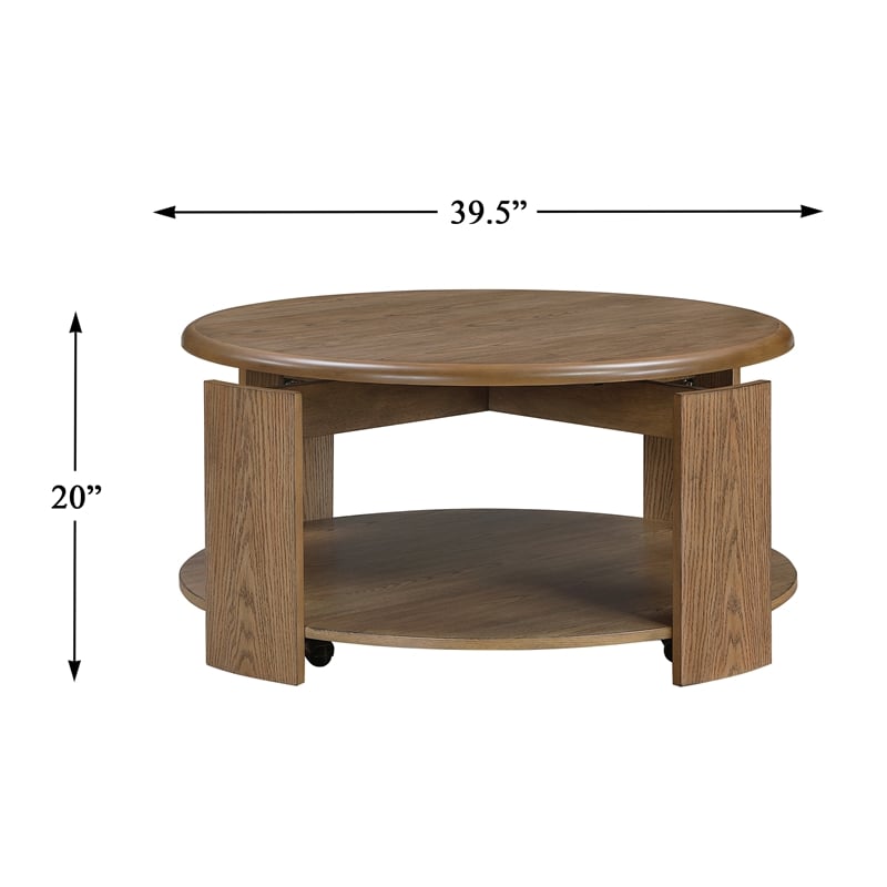 Pemberly Row Oak Veneer Round Swivel Coffee Table with Casters in Brown