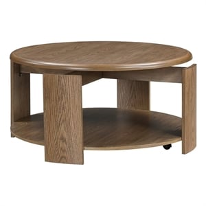 Pemberly Row Oak Veneer Round Swivel Coffee Table with Casters in Brown