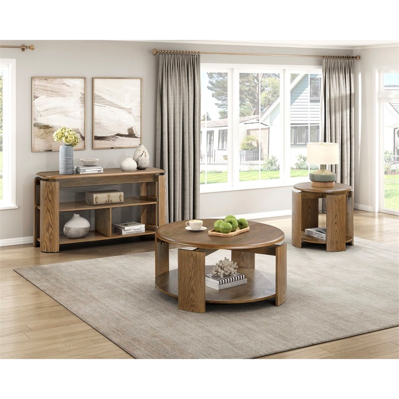 Pemberly Row Oak Veneer Console Sofa Table with 2 Shelves in Brown