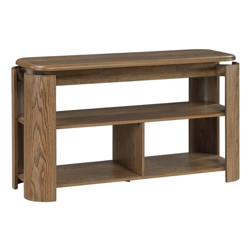 Pemberly Row Oak Veneer Console Sofa Table with 2 Shelves in Brown