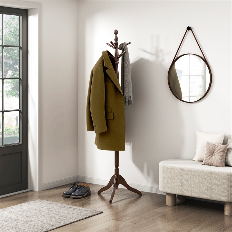 Pemberly Row Solid Wood 3-Tier Coat Rack with 10 Hooks in Dark Brown