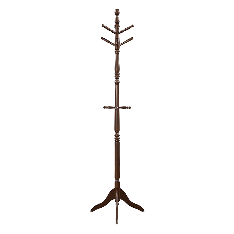 Pemberly Row Solid Wood 3-Tier Coat Rack with 10 Hooks in Dark Brown