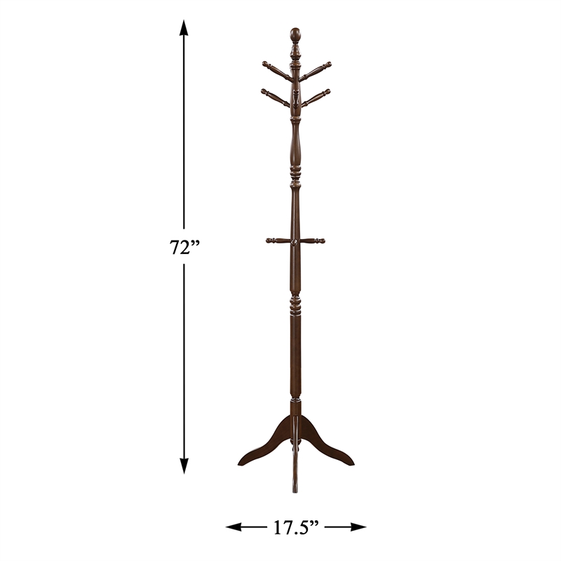 Pemberly Row Solid Wood 3-Tier Coat Rack with 10 Hooks in Dark Brown