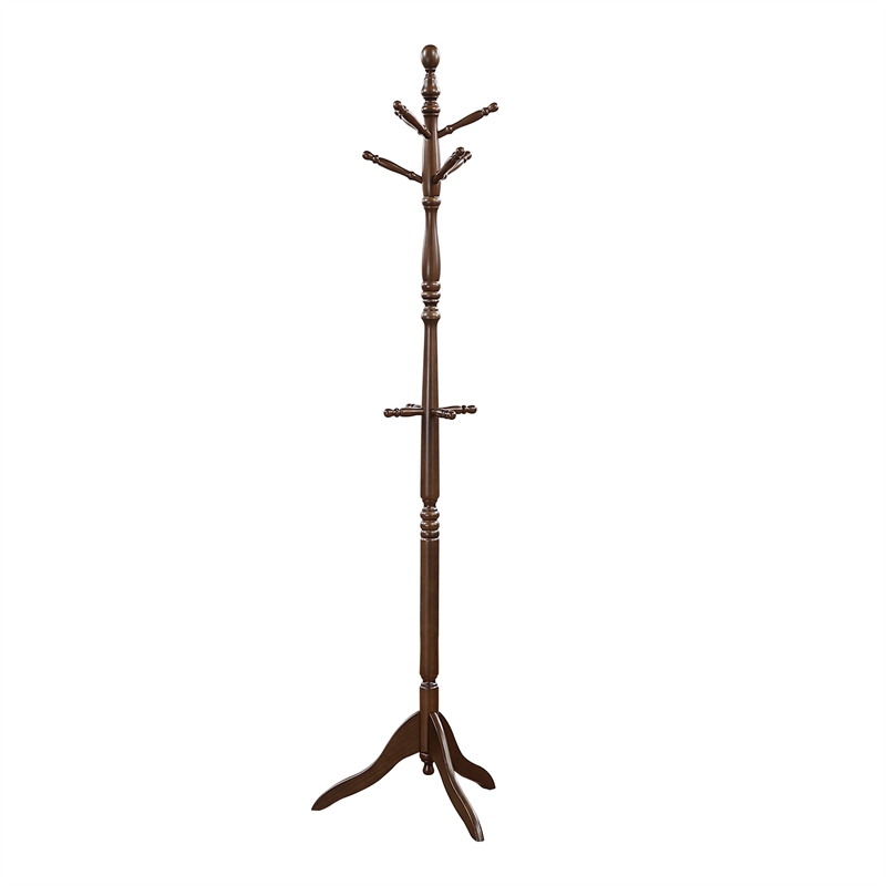 Pemberly Row Solid Wood 3-Tier Coat Rack with 10 Hooks in Dark Brown