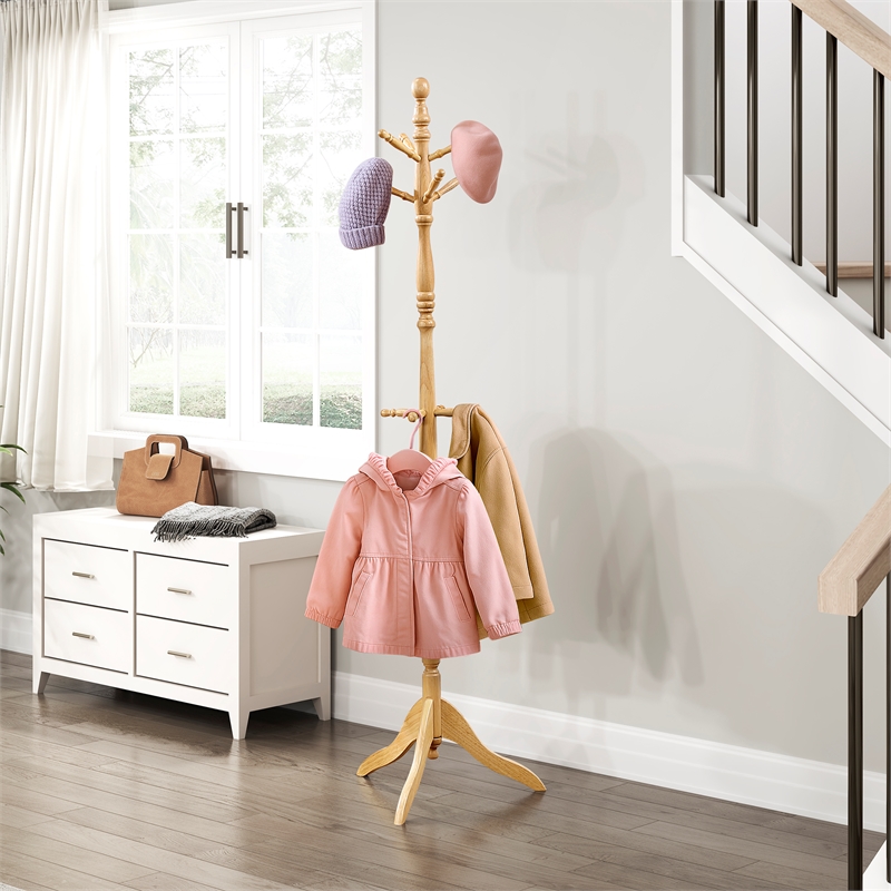 Pemberly Row Solid Wood 3-Tier Coat Rack with 10 Hooks in Natural