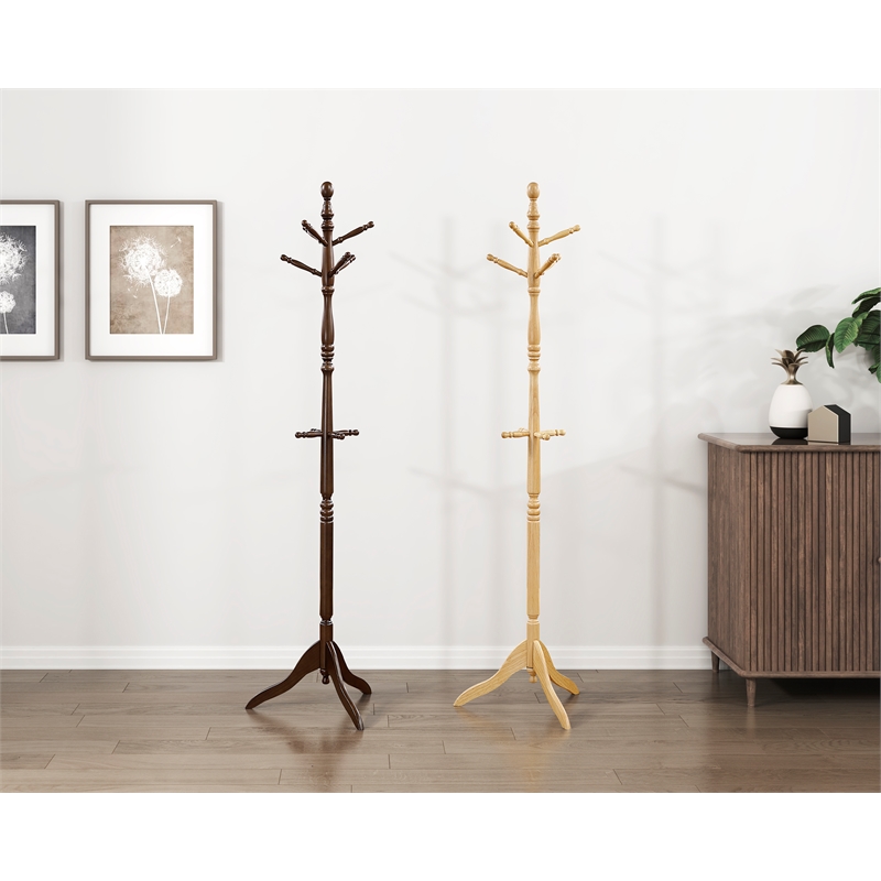 Pemberly Row Solid Wood 3-Tier Coat Rack with 10 Hooks in Natural